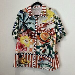 Ladies Button Up Blouse Theo Printed Short Sleeve Shirt Top, Linen Blend XL